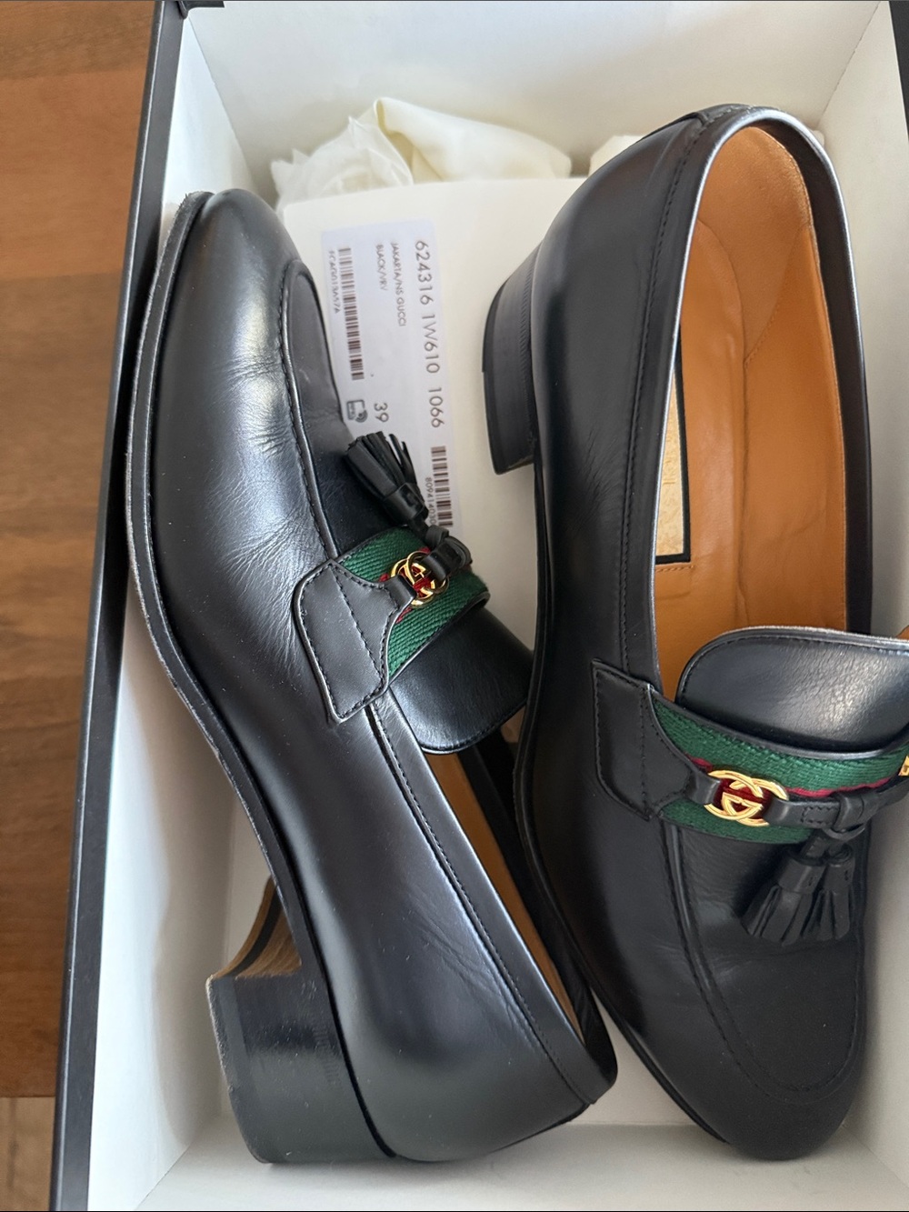 Gucci Black Leather Tassel Loafers with Green-Red Web and Gold Logo - Picture 1 of 5
